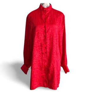 Vintage Red Vamp Jacquard Satin Blouse Mandarin Collar Button Up Shirt